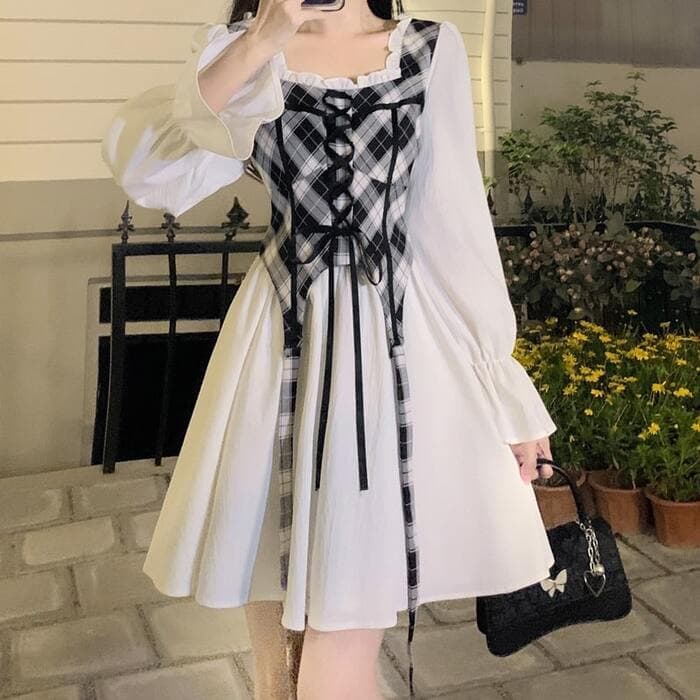 量産型/参戦服/推し活 チェックベストがポイント!白ワンピース