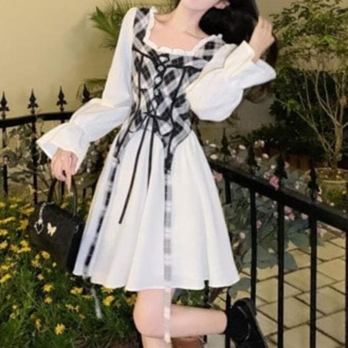 量産型/参戦服/推し活 チェックベストがポイント!白ワンピース