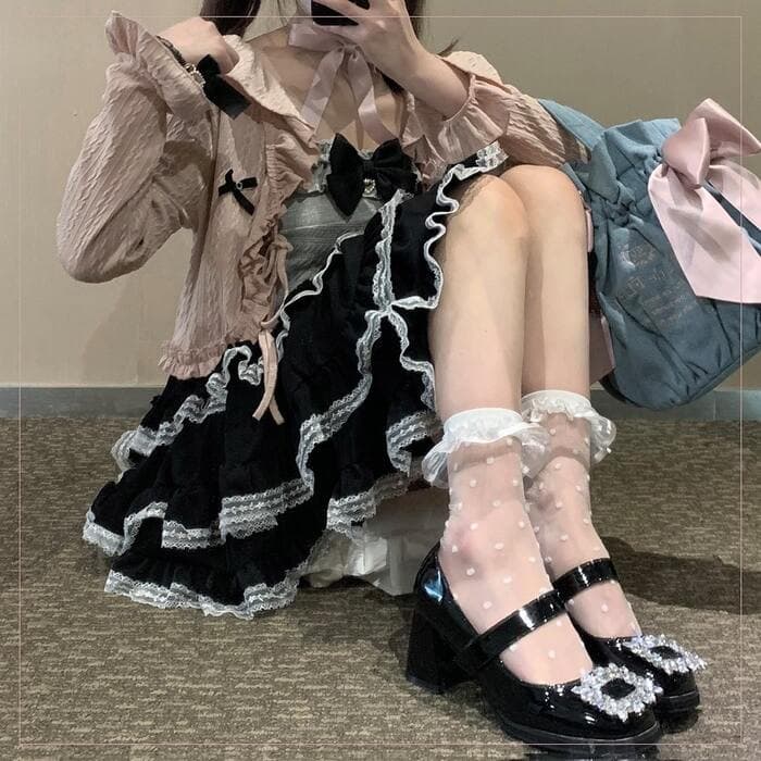 量産型/参戦服/推し活 ワッフル生地リボン付きブラウス