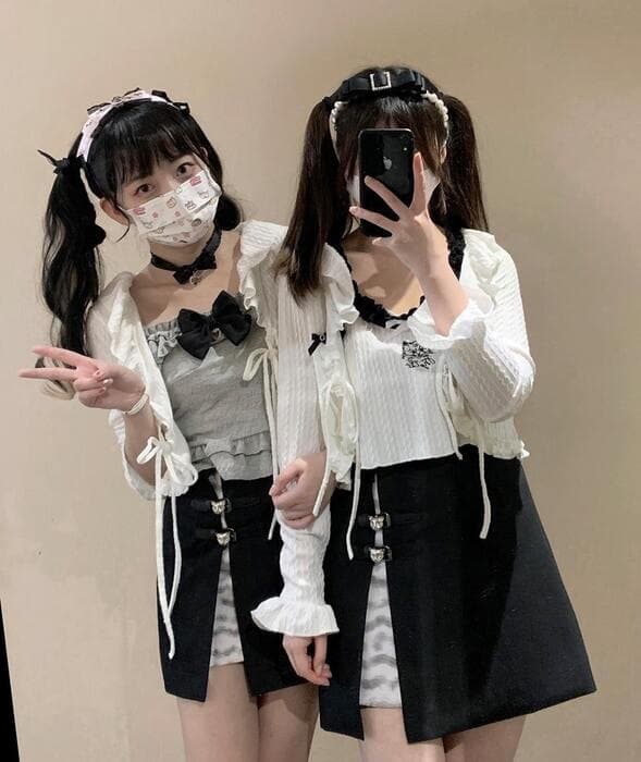 量産型/参戦服/推し活 ワッフル生地リボン付きブラウス