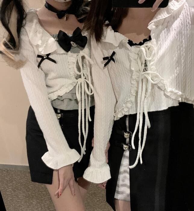 量産型/参戦服/推し活 ワッフル生地リボン付きブラウス