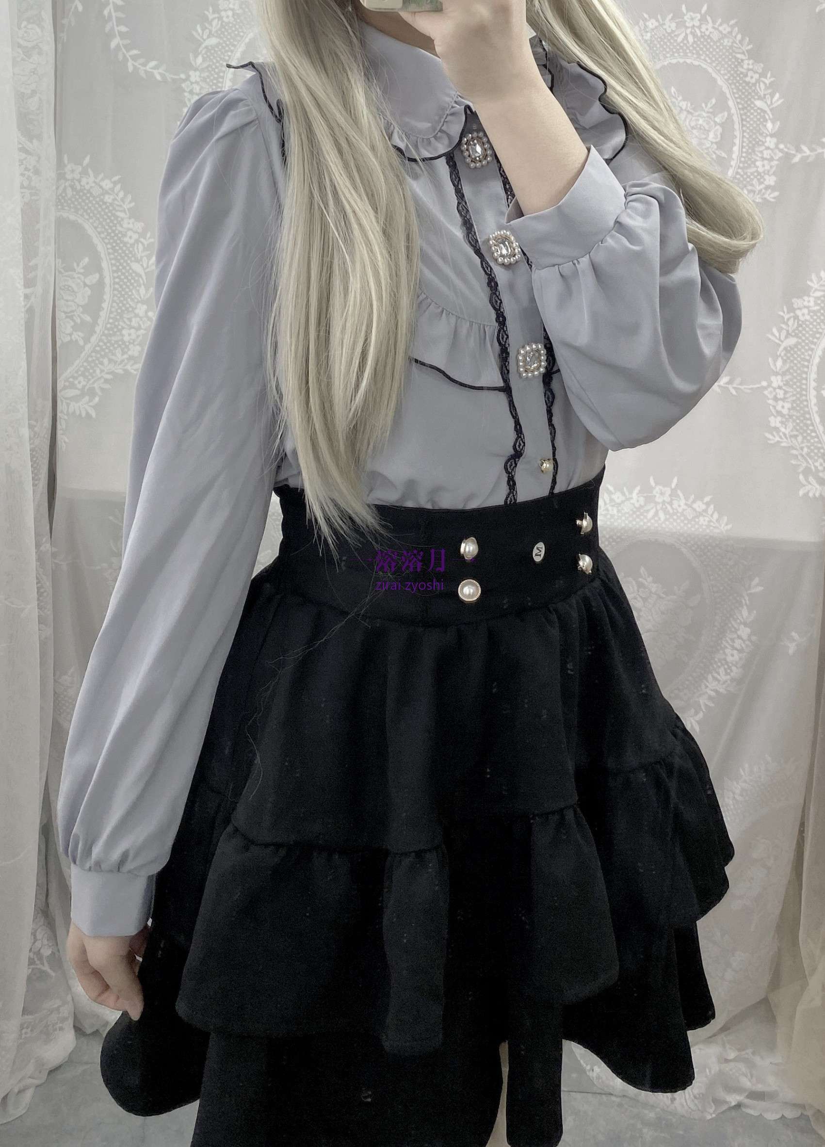 量産型/参戦服/推し活 ラインストーン&パールボタンの長袖シャツ