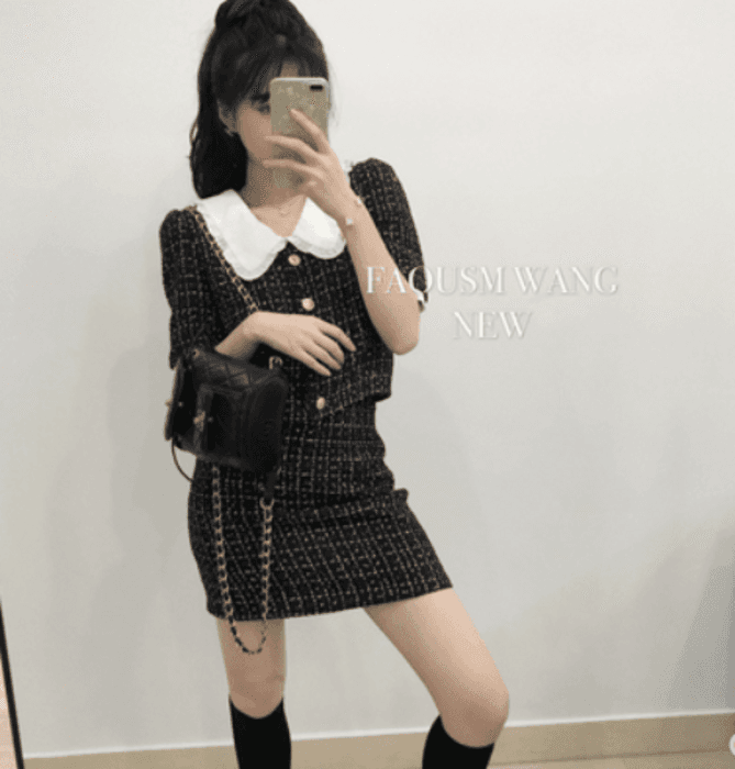 量産型/参戦服/推し活 ビッグカラー半袖ツイードセットアップ