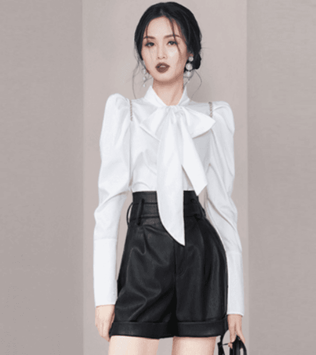 量産型/参戦服/推し活 大きめボウタイりぼんがアクセントパワーショルダーブラウス