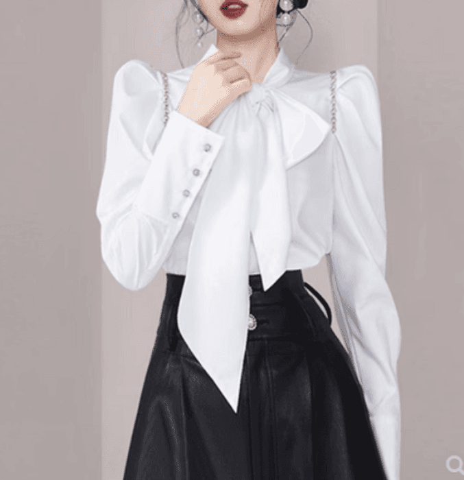 量産型/参戦服/推し活 大きめボウタイりぼんがアクセントパワーショルダーブラウス