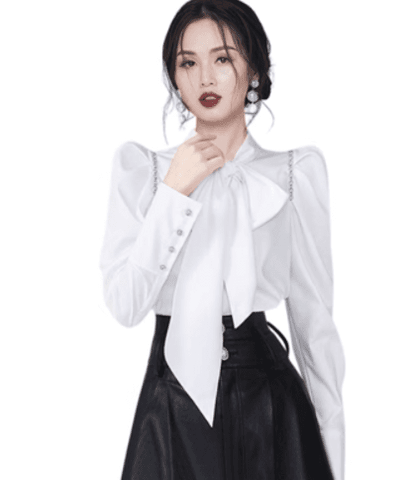 量産型/参戦服/推し活 大きめボウタイりぼんがアクセントパワーショルダーブラウス