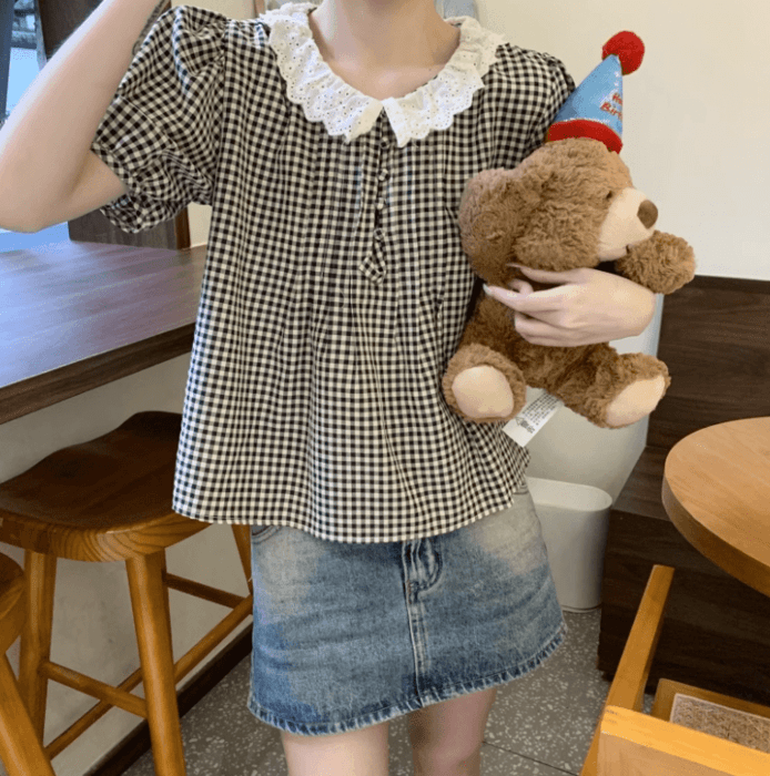 量産型/参戦服/推し活 大きめの襟が可愛い!ギンガムチェックブラウス