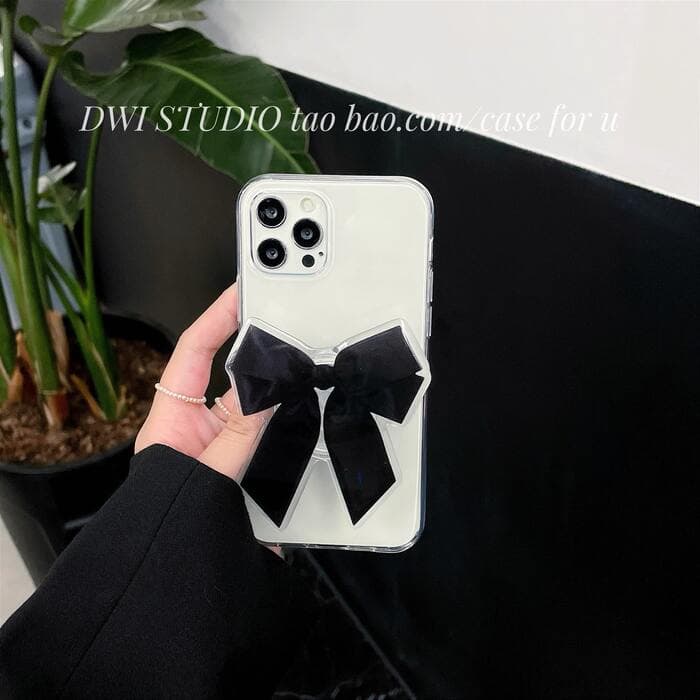 量産型/参戦服/推し活 黒リボンのスマホグリップ付きクリアスマホケース
