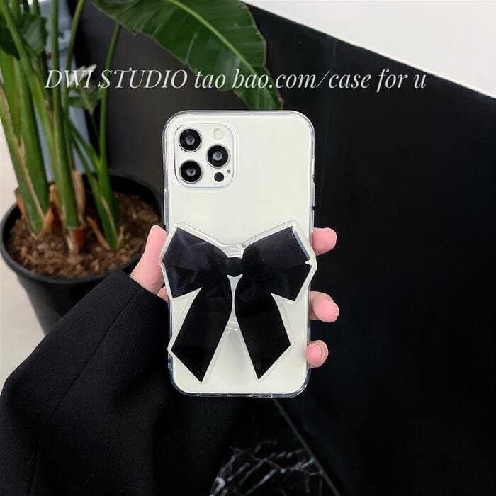 量産型/参戦服/推し活 黒リボンのスマホグリップ付きクリアスマホケース