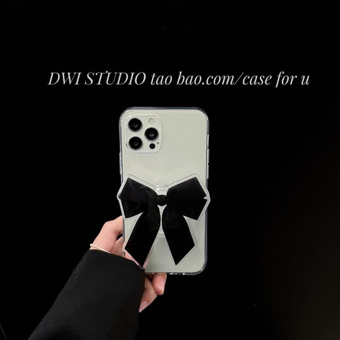 量産型/参戦服/推し活 黒リボンのスマホグリップ付きクリアスマホケース