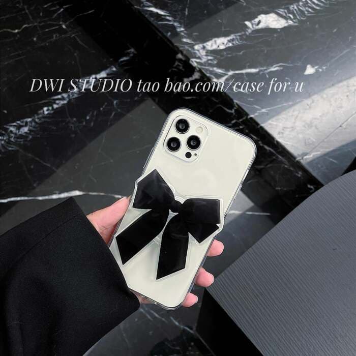量産型/参戦服/推し活 黒リボンのスマホグリップ付きクリアスマホケース