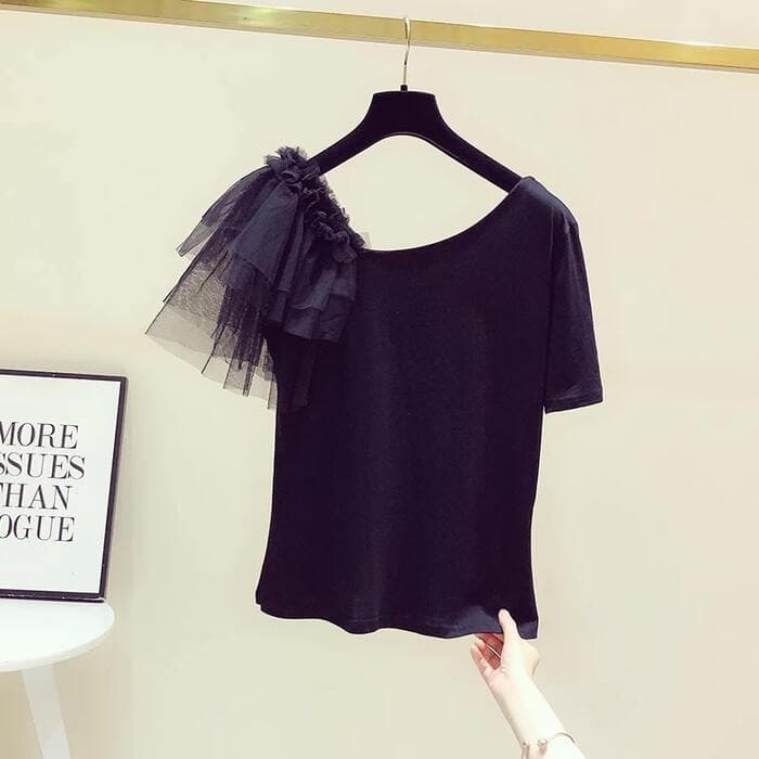 量産型/参戦服/推し活 アシンメトリーデザインが可愛い!袖フリルTシャツ