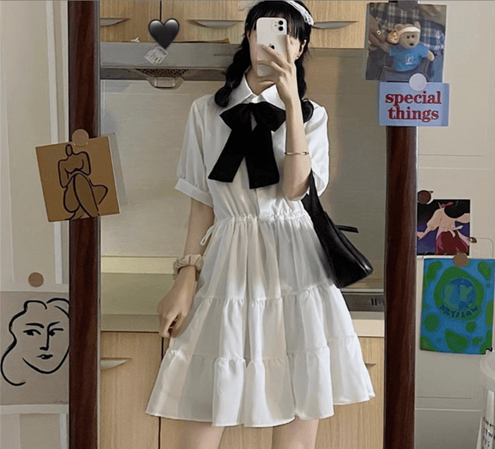 量産型/参戦服/推し活 ウエストギャザーフリルリボンワンピース