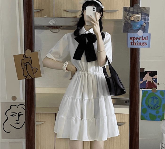量産型/参戦服/推し活 ウエストギャザーフリルリボンワンピース