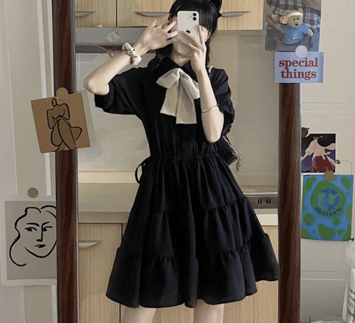 量産型/参戦服/推し活 ウエストギャザーフリルリボンワンピース