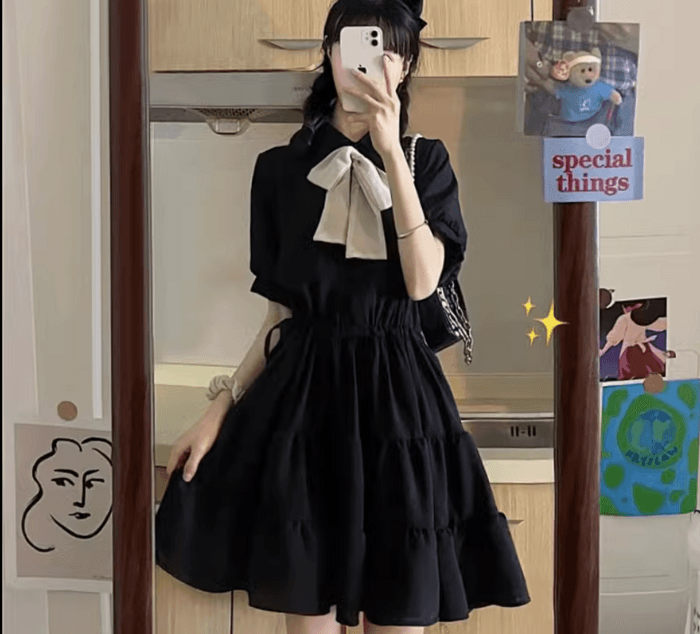 量産型/参戦服/推し活 ウエストギャザーフリルリボンワンピース
