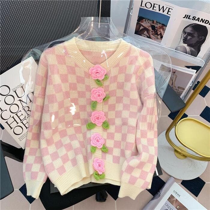 量産型/参戦服/推し活 ニットローズボタンブロックチェックカーディガン