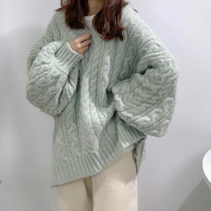 量産型/参戦服/推し活 淡色オーバーサイズケーブルニット
