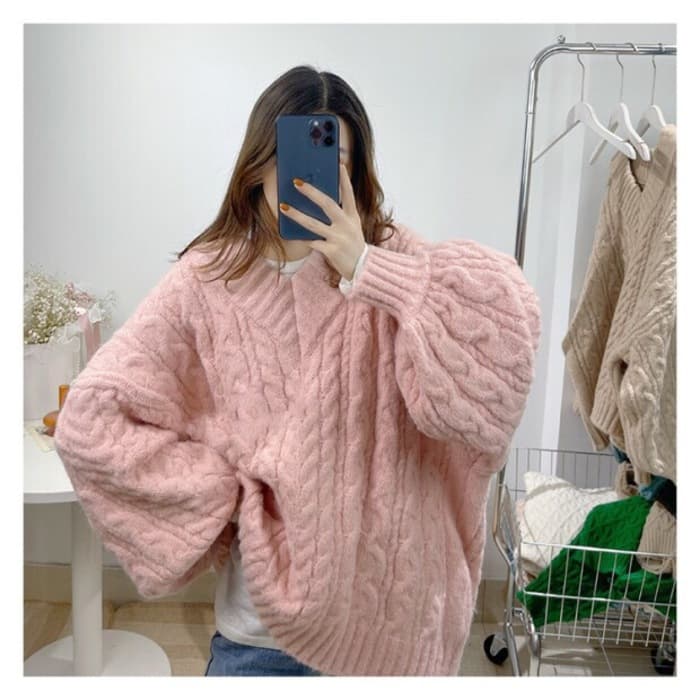 量産型/参戦服/推し活 淡色オーバーサイズケーブルニット