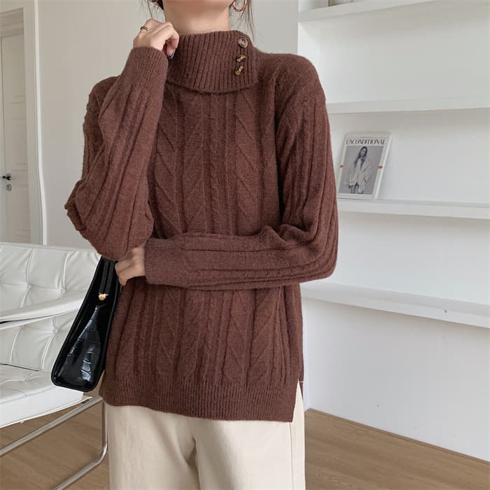 量産型/参戦服/推し活 スタンドカラーケーブルニット