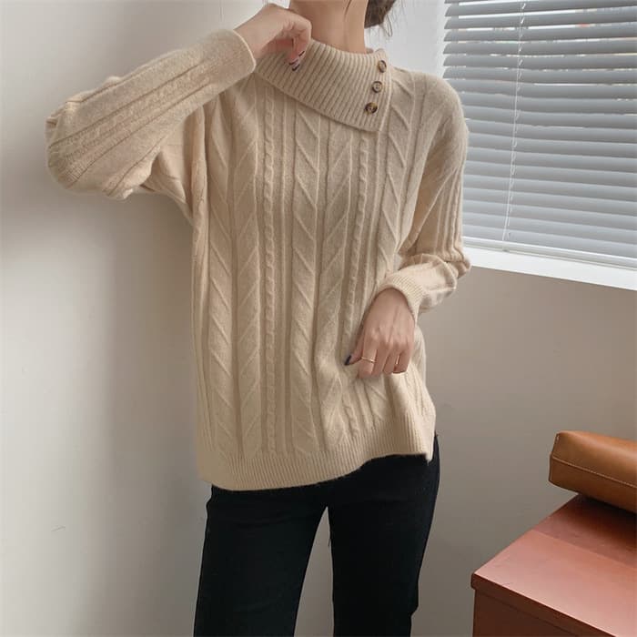 量産型/参戦服/推し活 スタンドカラーケーブルニット