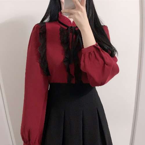 量産型/参戦服/推し活 シフォンレースのリボンブラウス