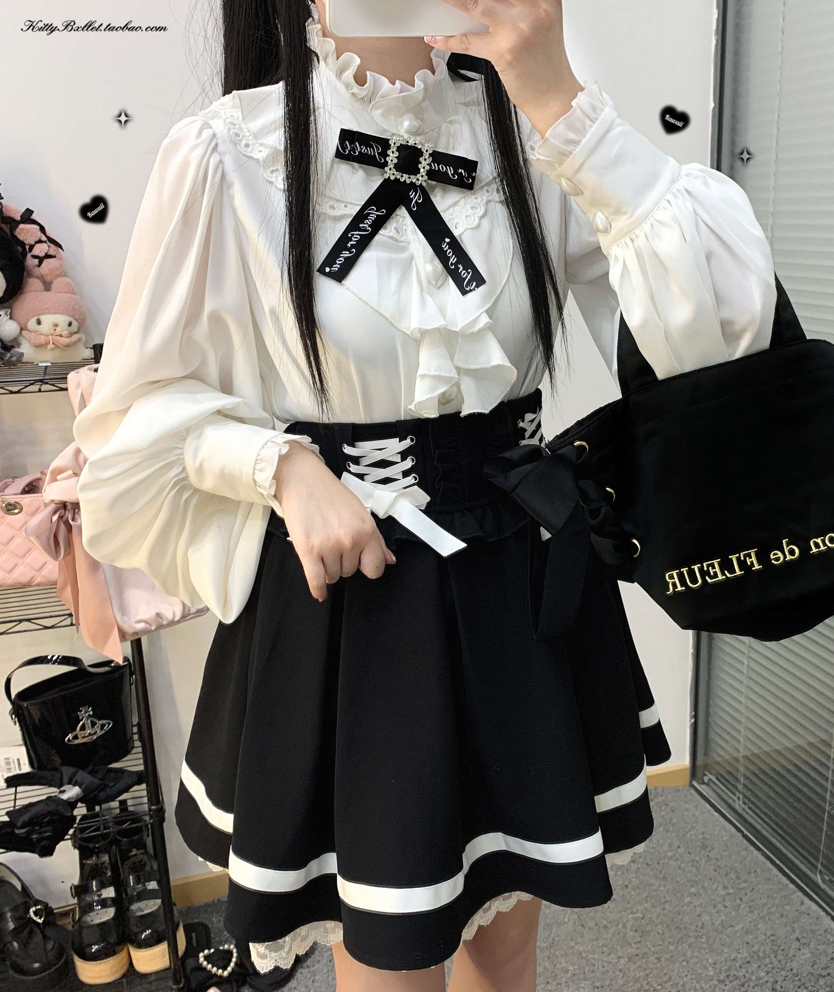 量産型/参戦服/推し活 キティバレットオリジナル・立襟フリル長袖シャツ