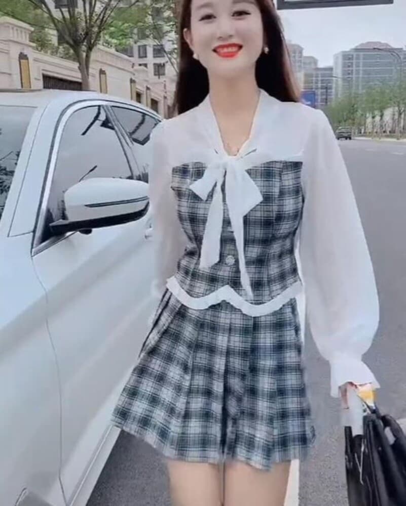 量産型/参戦服/推し活 ボウタイブラウスチェックタイトワンピース