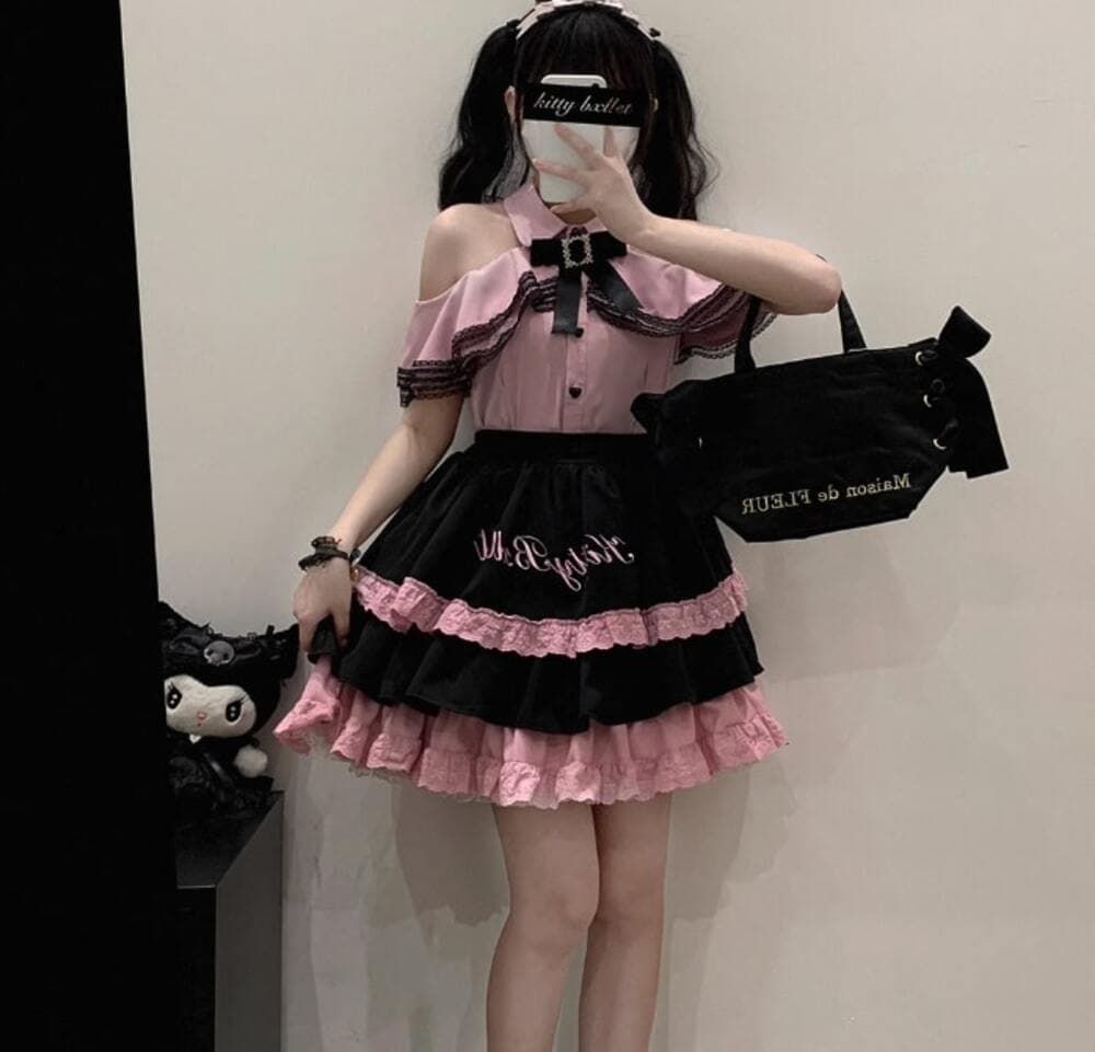 量産型/参戦服/推し活 ショルダーオープンリボンブラウス