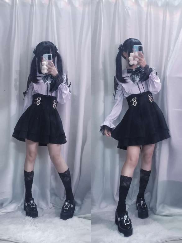 量産型/参戦服/推し活 ロングスリーブレースオフショルダーブラウスピンク&ブラック