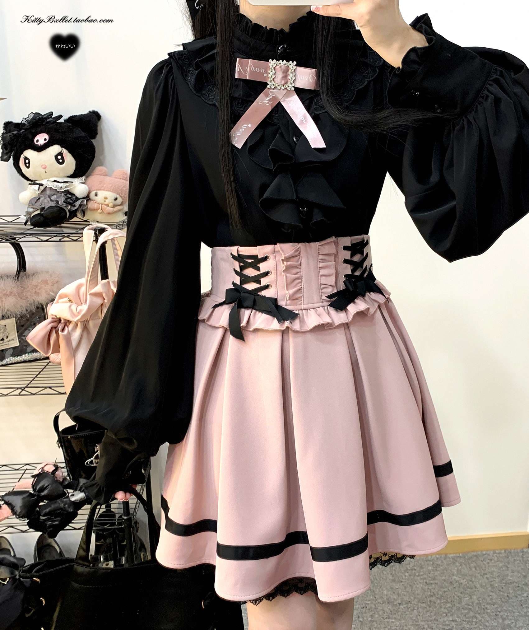 量産型/参戦服/推し活 キティバレットオリジナル・立襟フリル長袖シャツ