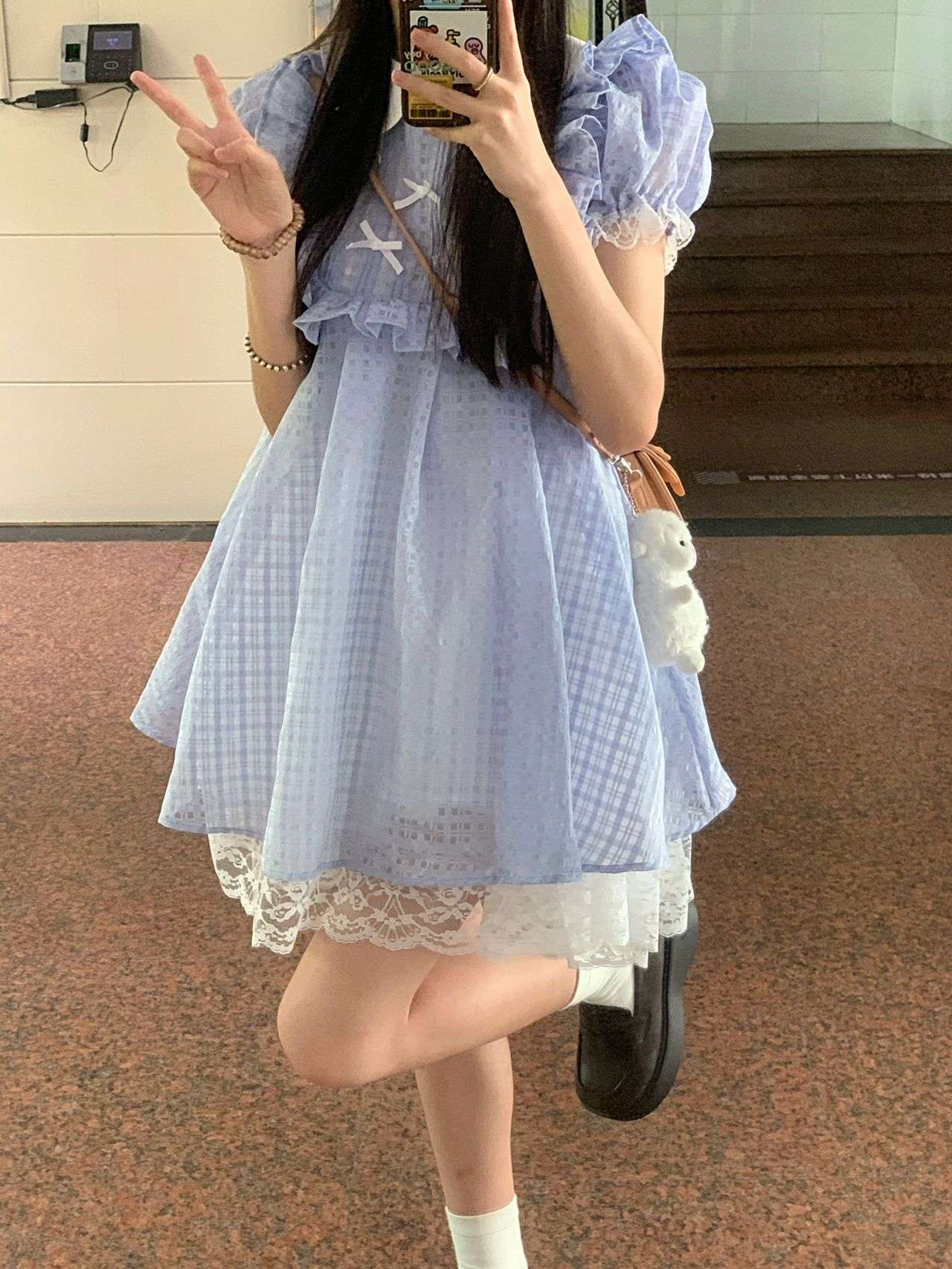 量産型/参戦服/推し活 ブルーチェックのレースバルーンワンピース