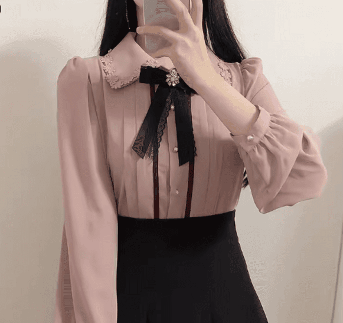 量産型/参戦服/推し活 フリルレースストライプブラウス