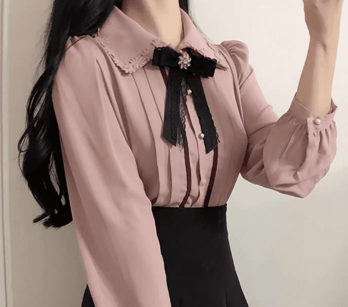 量産型/参戦服/推し活 フリルレースストライプブラウス