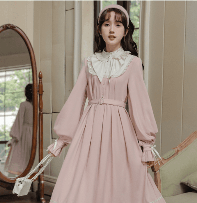 量産型/参戦服/推し活 ピンクフリルスクエアネックロングワンピース