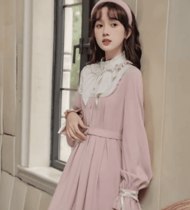 量産型/参戦服/推し活 ピンクフリルスクエアネックロングワンピース