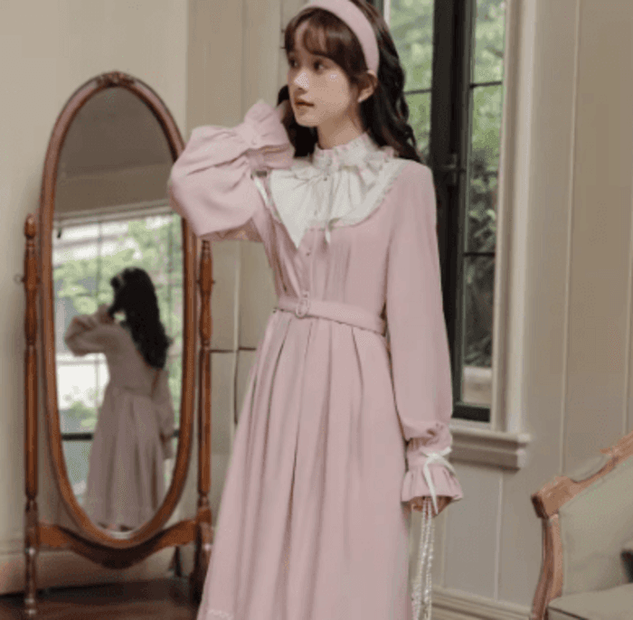 量産型/参戦服/推し活 ピンクフリルスクエアネックロングワンピース