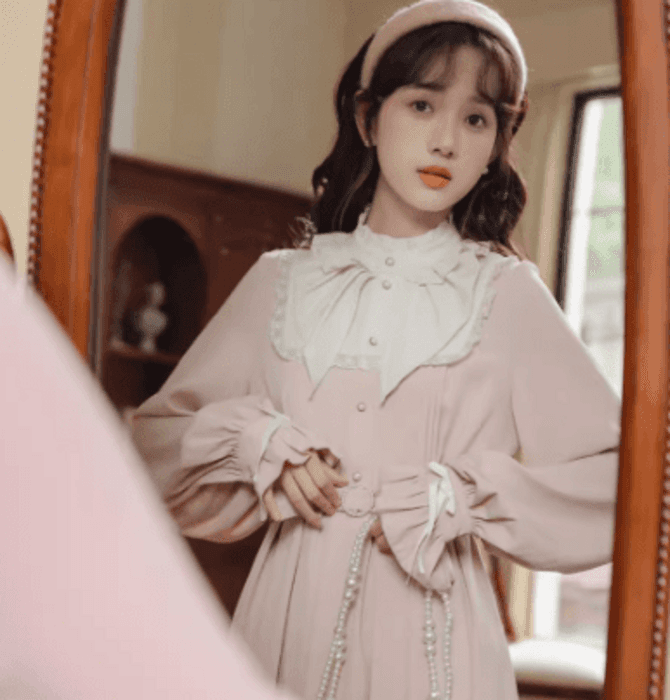 量産型/参戦服/推し活 ピンクフリルスクエアネックロングワンピース