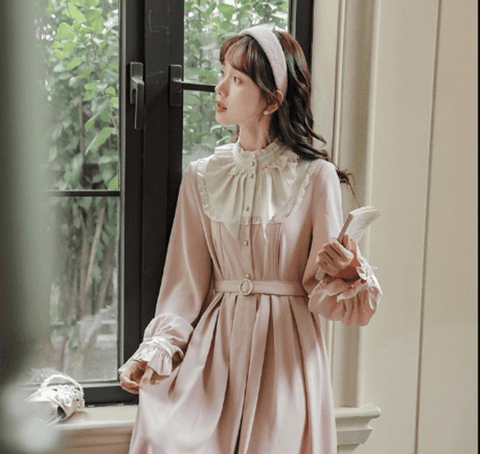 量産型/参戦服/推し活 ピンクフリルスクエアネックロングワンピース