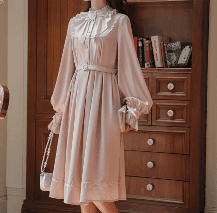 量産型/参戦服/推し活 ピンクフリルスクエアネックロングワンピース