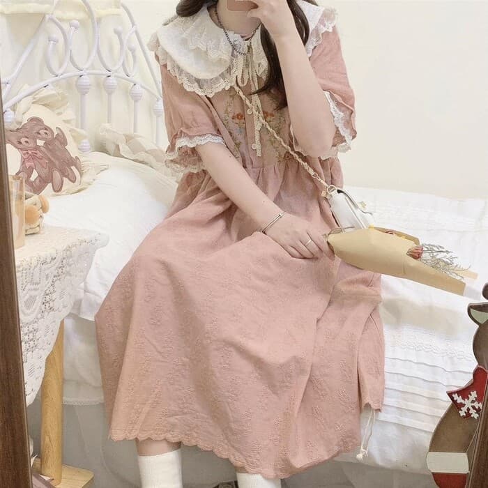 量産型/参戦服/推し活 フリルカラーフラワーピンクワンピース