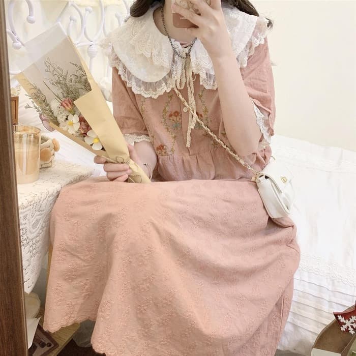 量産型/参戦服/推し活 フリルカラーフラワーピンクワンピース