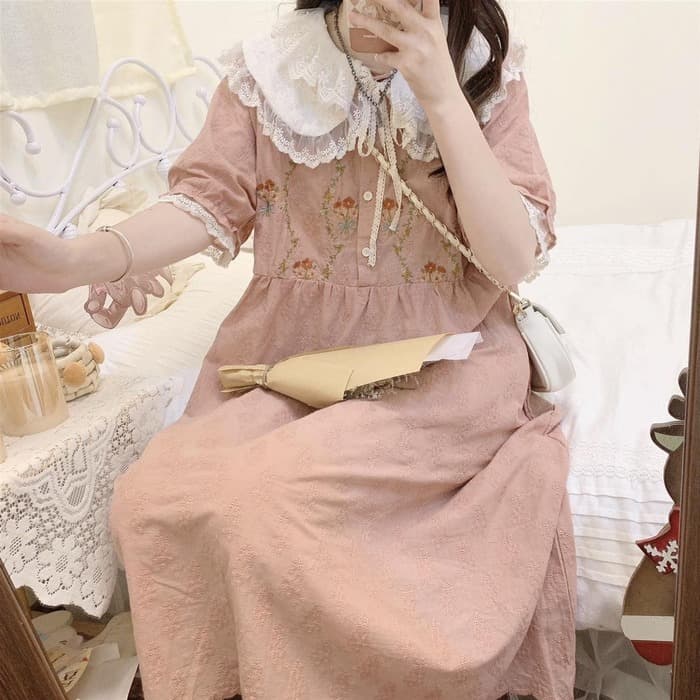 量産型/参戦服/推し活 フリルカラーフラワーピンクワンピース