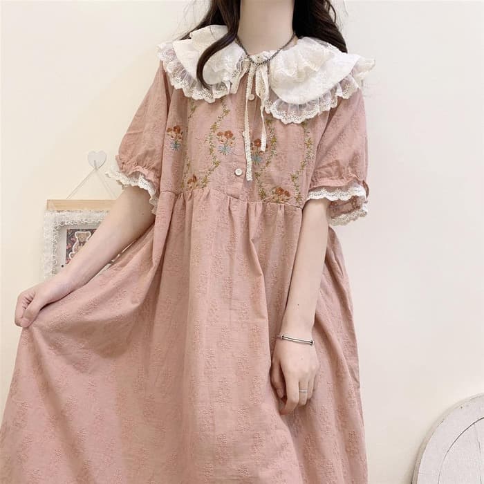 量産型/参戦服/推し活 フリルカラーフラワーピンクワンピース