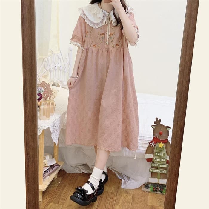 量産型/参戦服/推し活 フリルカラーフラワーピンクワンピース