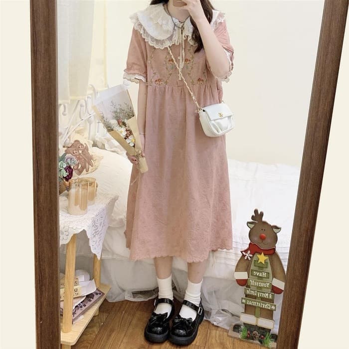 量産型/参戦服/推し活 フリルカラーフラワーピンクワンピース