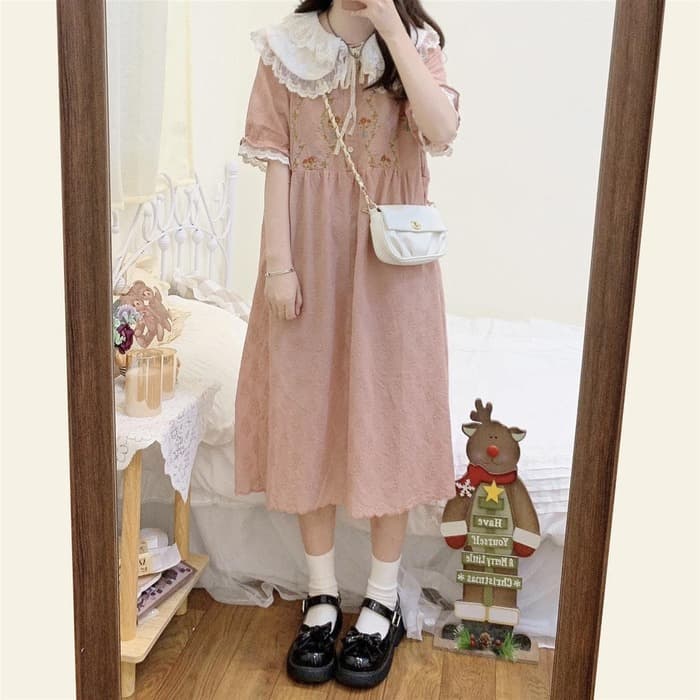 量産型/参戦服/推し活 フリルカラーフラワーピンクワンピース