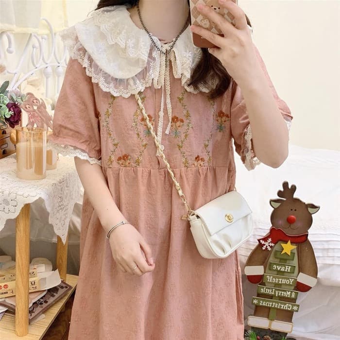 量産型/参戦服/推し活 フリルカラーフラワーピンクワンピース