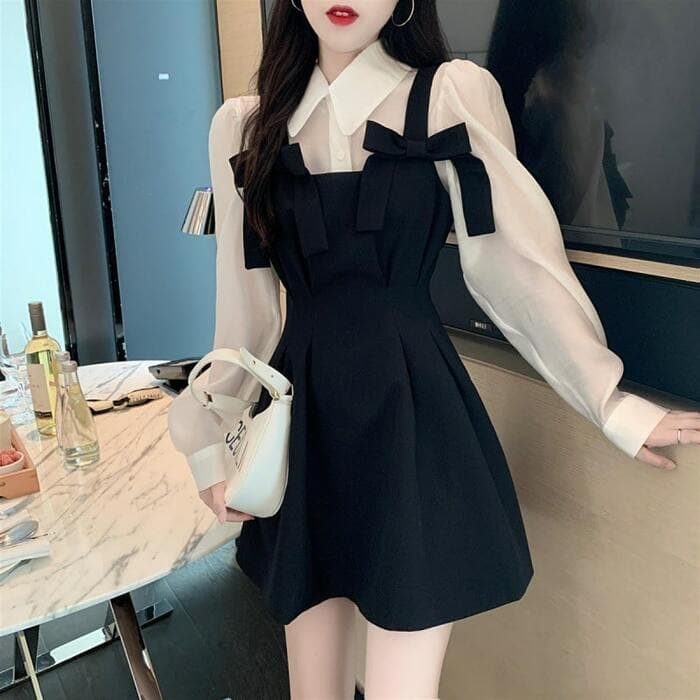 量産型/参戦服/推し活 ブラックリボンフレアワンピース