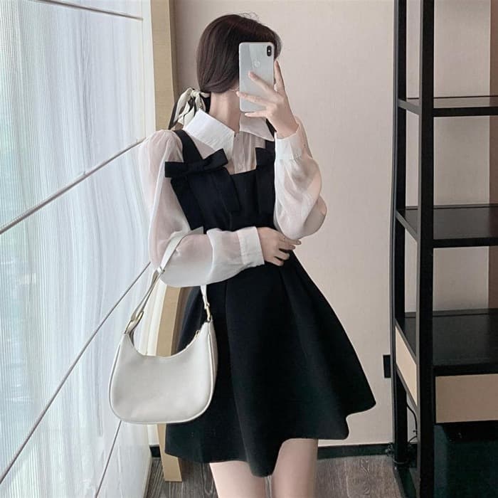 量産型/参戦服/推し活 ブラックリボンフレアワンピース